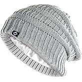 Funky Junque Satin Lined Beanie – Women’s Slouchy Cable Knit Winter Hat, Silky Interior Skull Cap, Oversized Warm Beanies