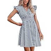 CUPSHE Women's Mini Dress V Neck Flutter Sleeve Striped Smocked Waist A Line Short Summer Cocktail Dress
