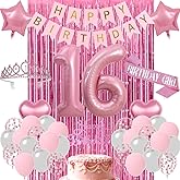 Sweet 16 Party Decorations for Girls, Pink and Silver 16th Birthday Decorations, Happy Birthday Banner Fringe Curtain Cake Topper Balloons Sash and Tiara, Pink 16 Birthday Party Supplies for Girls