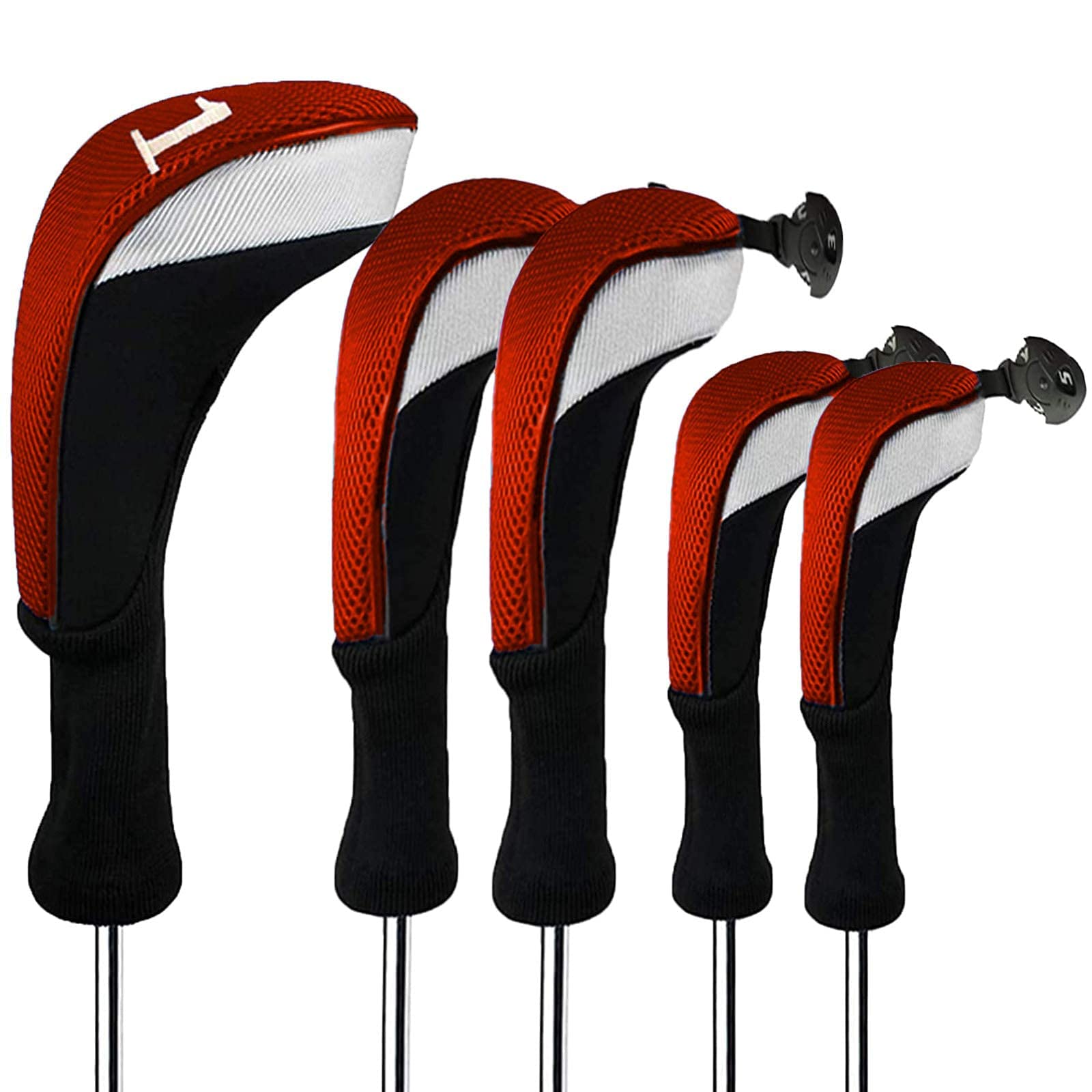 FINGER TEN Golf Club Head Covers for Woods Long Cover Driver Hybrid Fairway, Headcovers with Interchangeable No. Tag Novelty Durable Fit Woods Clubs (Red-5 pack (1 Driver& 2 Fairway&2 Hybrid))