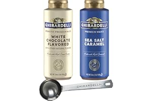 Ghirardelli Sea Salt Caramel and White Chocolate Flavored Sauce Squeeze Bottles, 16 Ounce (Pack 2) with Ghirardelli Stamped Barista Spoon