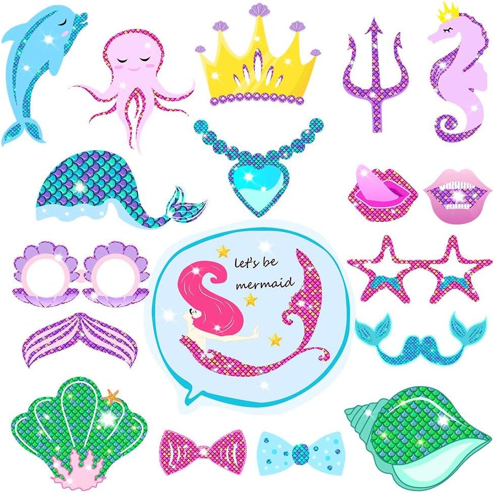 Mermaid Party Decoration Favor Supplies, Let's Be Mermaids - Glitter Mermaid Theme Photo Booth Props Kit for Mermaid Baby Shower Birthday Party Supplies, 18 pcs