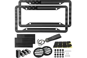 YEVEDUO American Flag License Plate Frames Holder - 2 Pack Stainless Steel Rustproof USA Patriotic Car Tag Cover Holder with Free Screws Accessories + Metal Stickers & Keychain & Cup Holder Mats, Black Gray