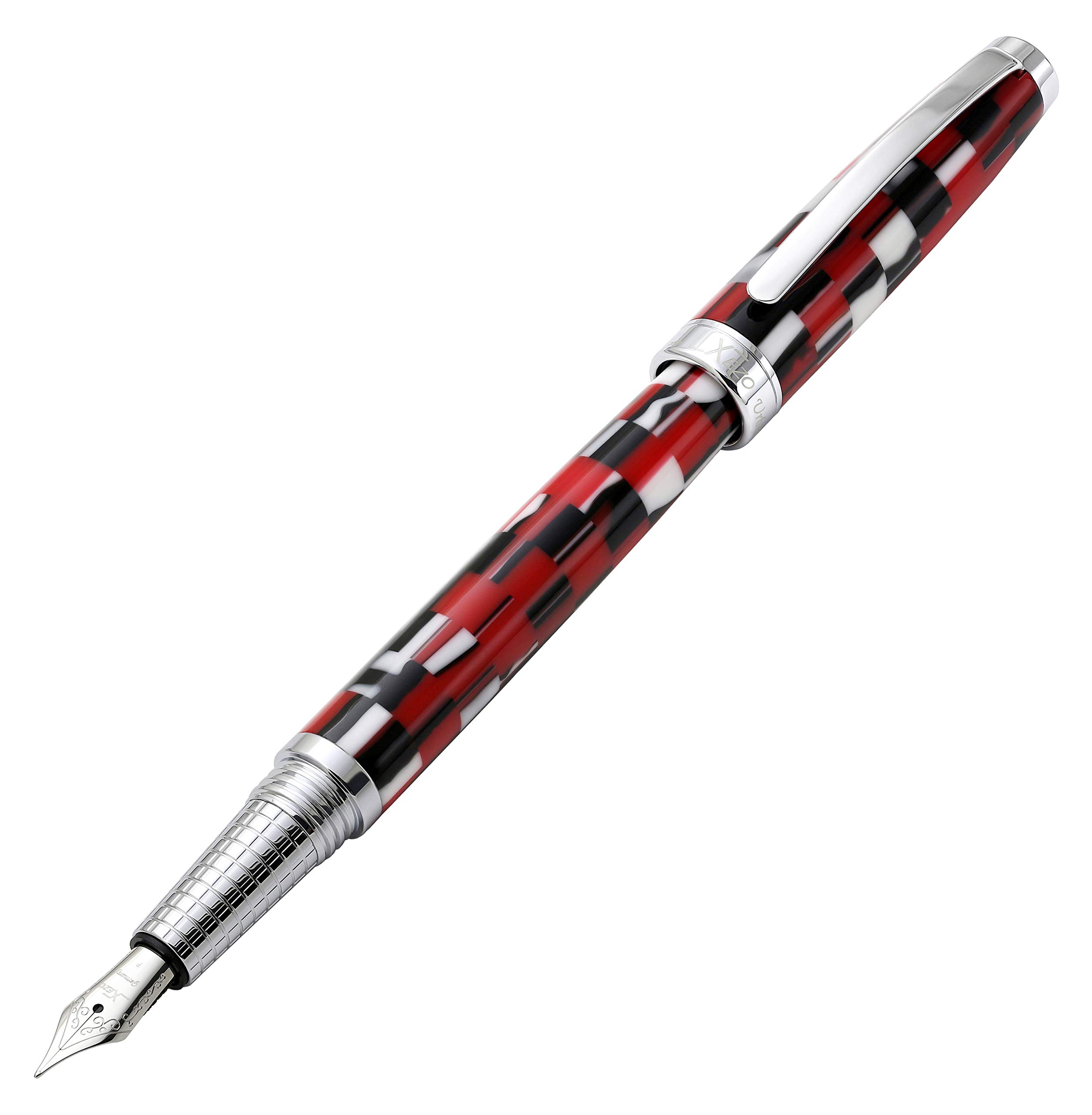 Xezo Urbanite II Fountain Pen, Fine Nib. Sporty Red, Black, and White Checkered Acrylic on Brass. Chrome Plated. Handcrafted, Limited Edition, Serialized