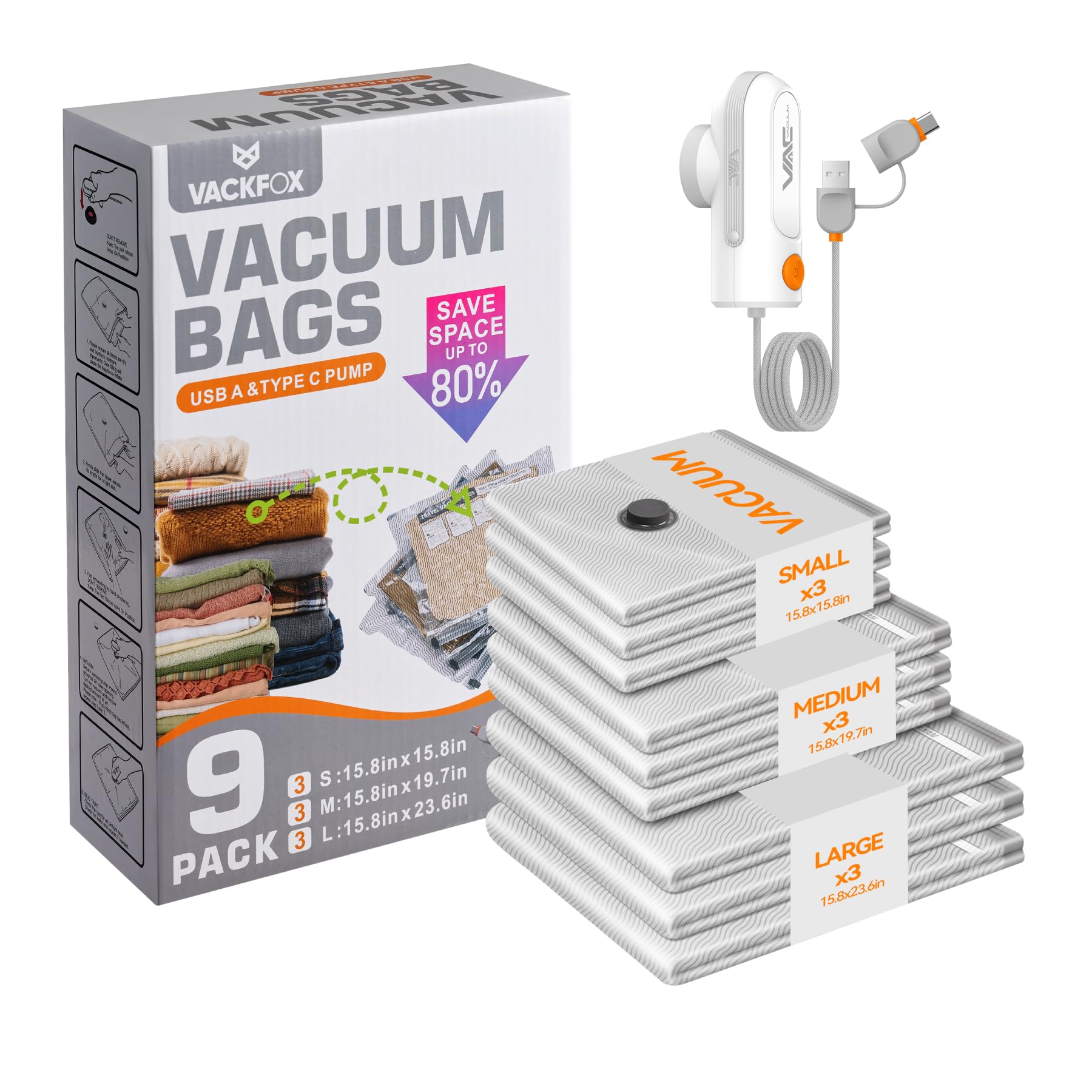 Photo 1 of ** MISSING PARTS** VACKFOX Travel Vacuum Bags with USB and TYPE C Pump Pump,9 Pack Vacuum Storage Bags,vacuum for bags storage, Powerful -58KPa Suction for Luggage,Travel and Home Use for Clothes and Blankets?Grey?