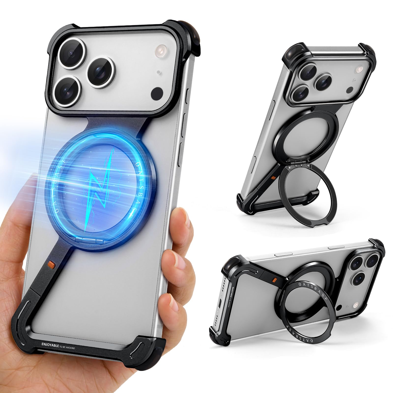 Photo 1 of OGRANEE Z Metal Case for iPhone 17 Pro Frameless, Aluminum Alloy Bumper Compatible with Magsafe Kickstand Minimalist Shockproof Cool Cover Hard Shell with 360°Ring Holder Magnetic Stand, Black