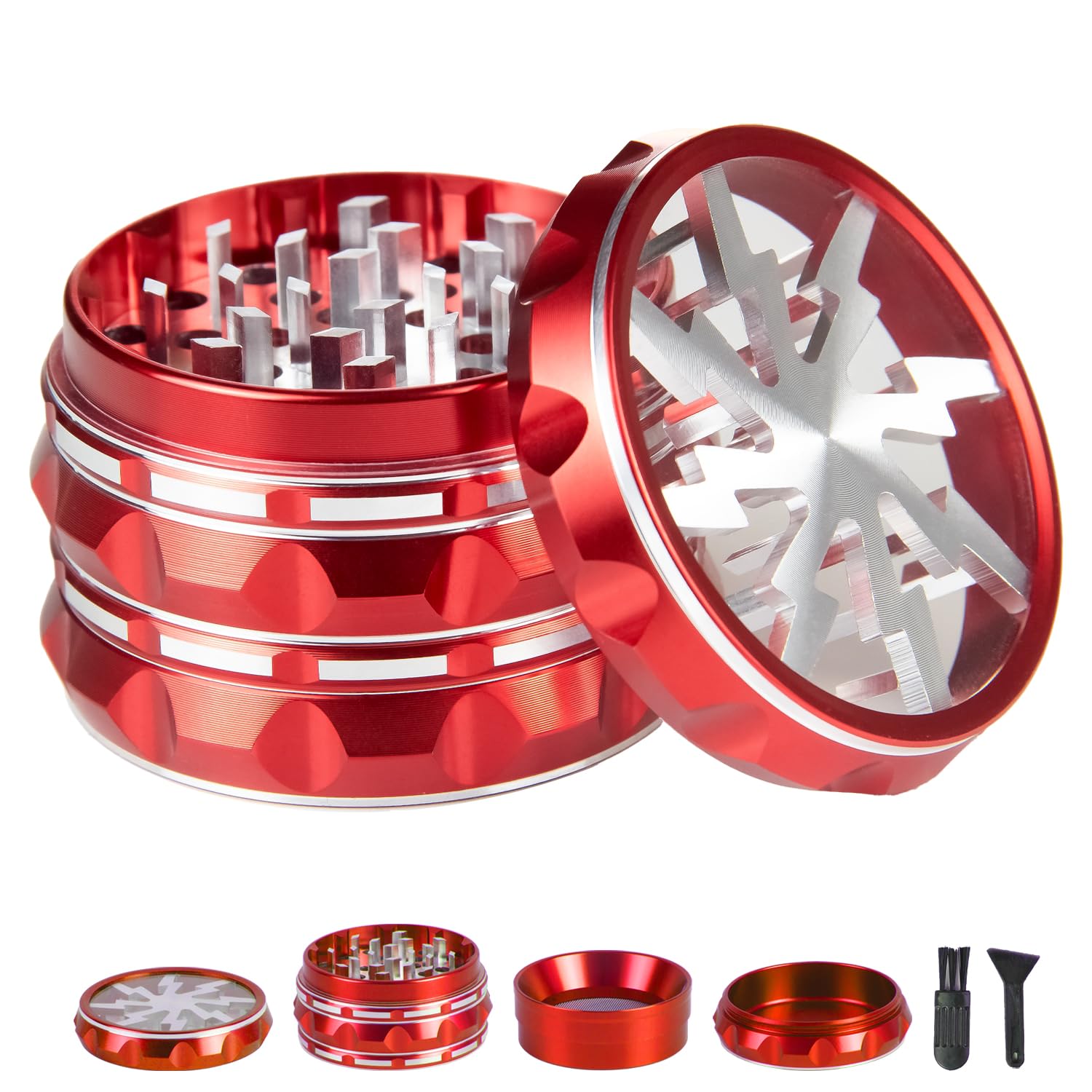 Clear Top Herb Grinder Metal Large 2.5'' Large 4-Part, Aluminum Alloy Spice Grinder with Pollen Scraper and Cleaning Brush