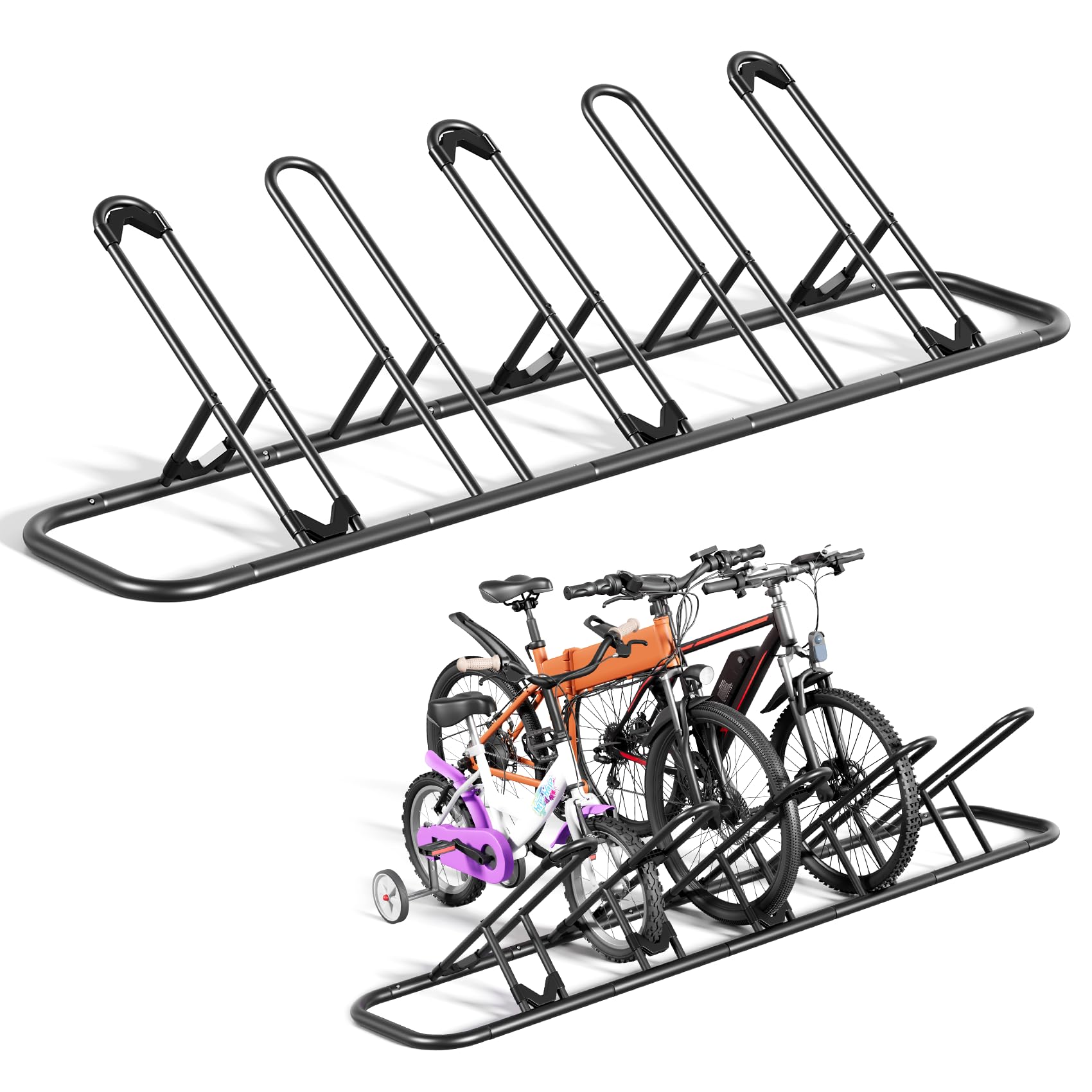 Photo 1 of Mr IRONSTONE Floor Bike Rack for Garage, Indoor/Outdoor Storage Stand, Bicycle Parking Rack for Mountain, Road and Kids Bikes (Black, 5 Bike)