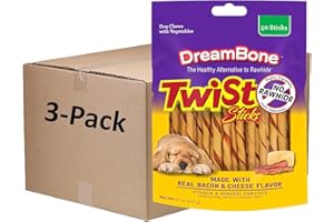 Dreambone Twist Sticks with Real Bacon and Cheese Flavor 50 Count, Rawhide-Free Chews for Dogs (3 Pack)