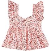 RoseSeek Women's Boho Floral Vacation Blouses Sweetheart Neck Ruffle Cap Sleeve Tops Beach Peplum Top