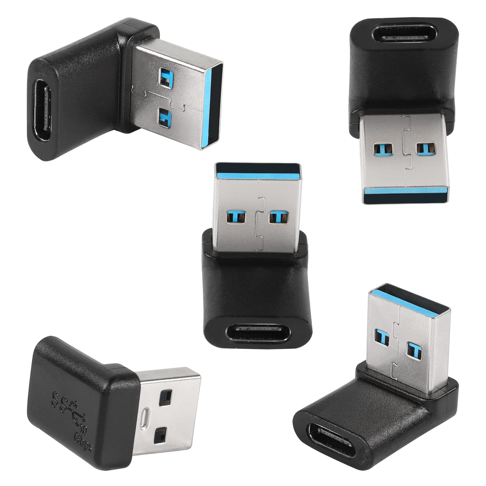QIANRENON 90°USB 3.1 to USB C Adapter USB A Male to Type C Female Right Angle Coupler 10Gbps OTG Data Transfer Charging Connector for Smartphone laptop Tablet, Black, 5 Pcs
