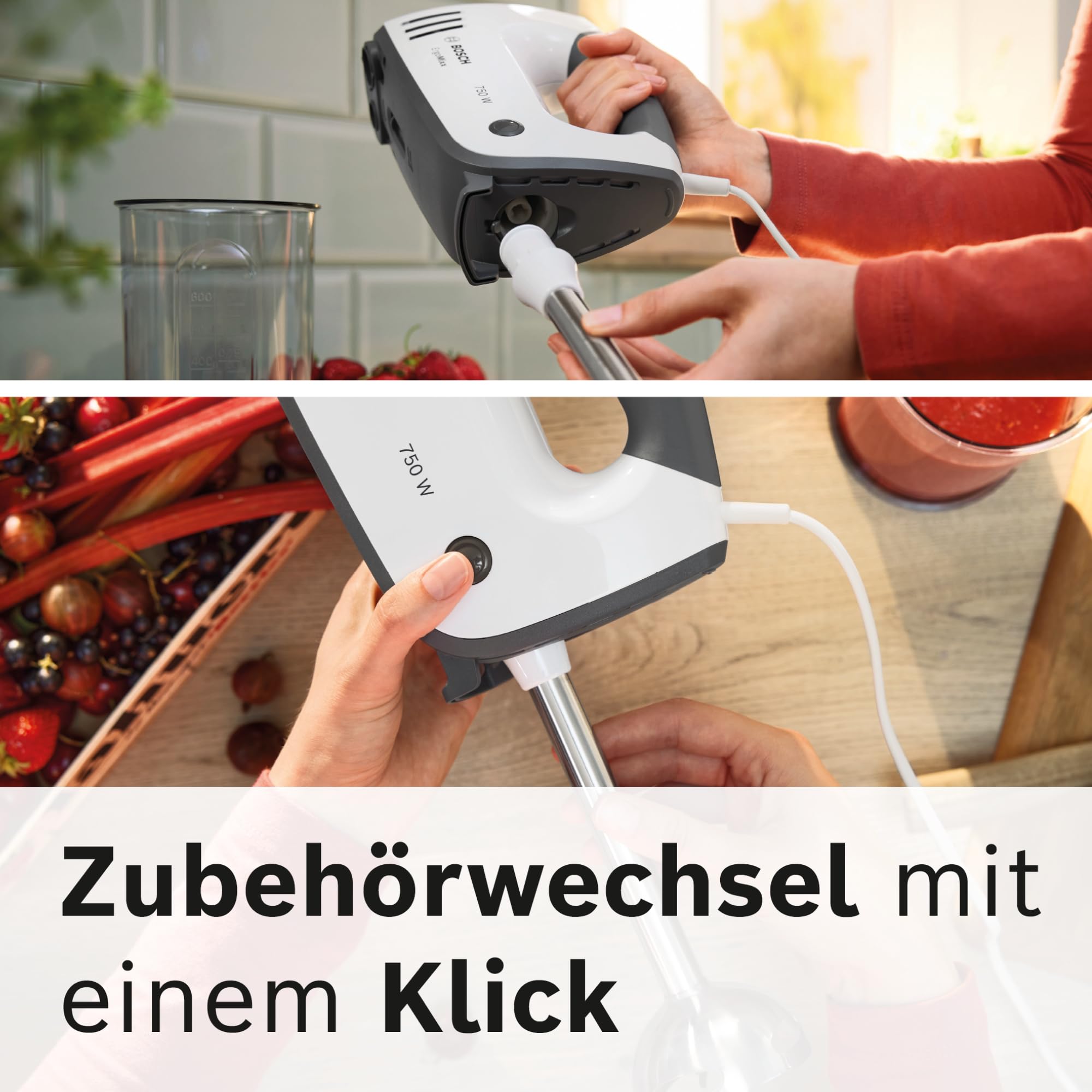 Bosch Handrührgerät, mit Pürierstab, Mixbecher, Edelstahl Rührer, Knethaken, spülmaschinenfest, 5 Stufen plus Turbotaste, weiß/grau, 750 W, ErgoMixx MFQ37470 8