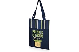 PICNIC TIME Star Wars Mandalorian Grogu Vista Outdoor Picnic Blanket & Tote, Beach Blanket, Camping Blanket, (Blue Stripe Pattern with Navy Blue Exterior)