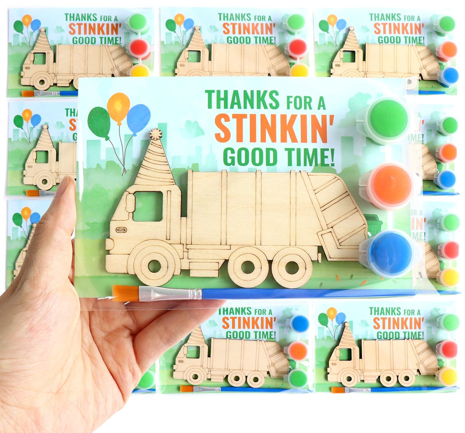 Photo 1 of 12 Pack Garbage Truck Party Favors for Kids – Individually Wrapped Paint Your Own Wooden Magnet Craft Kits with Thank You Card, Trash Day Birthday Supplies for Boys & Girls