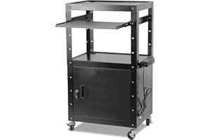 ERFEI AV Cart, Rolling Presentation Cart Station, Height Adjustable Media Cart for Video Projector, TV, Printers, Computers with 1 Storage Locking Cabinet, 1 Sliding Keyboard Tray, 3 Outlets, 2 USB Ports