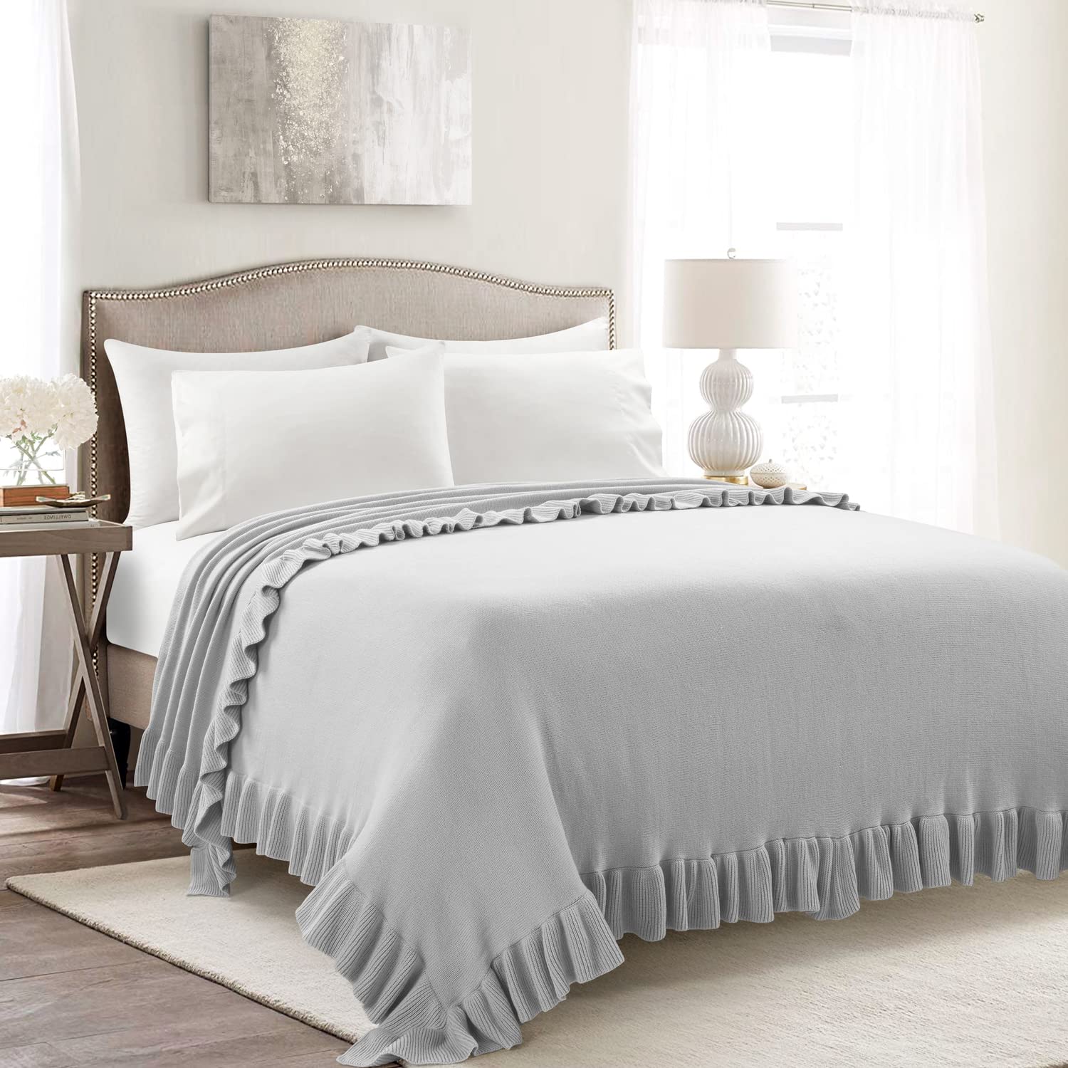 Lush Decor Reyna Soft Knitted Ruffle Throw Blanket, 88″ W x 88″ L, Light Gray – Ruffled Bedding – Knit Blanket – Cozy Oversized Blanket For Bed or Couch – Vintage, Minimalist & Cottage Home Decor