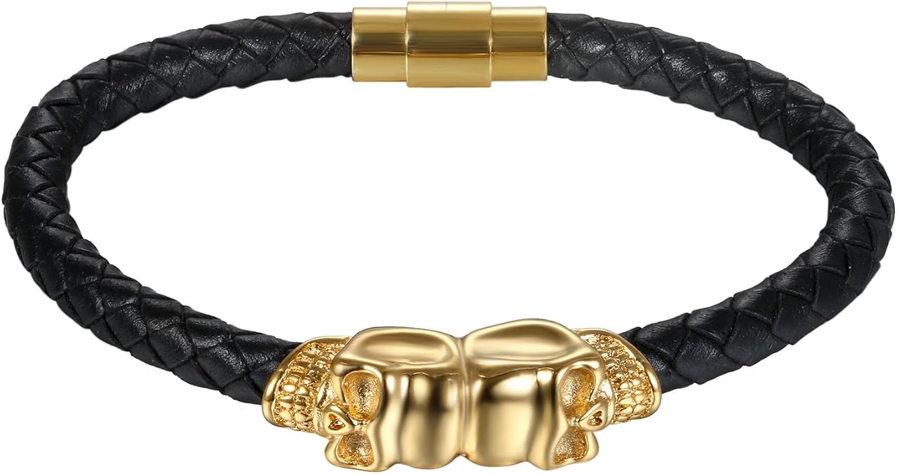 JewelryWe Schmuck Herren Armband, Gotik Punk Doppelt Totenkopf Schädel