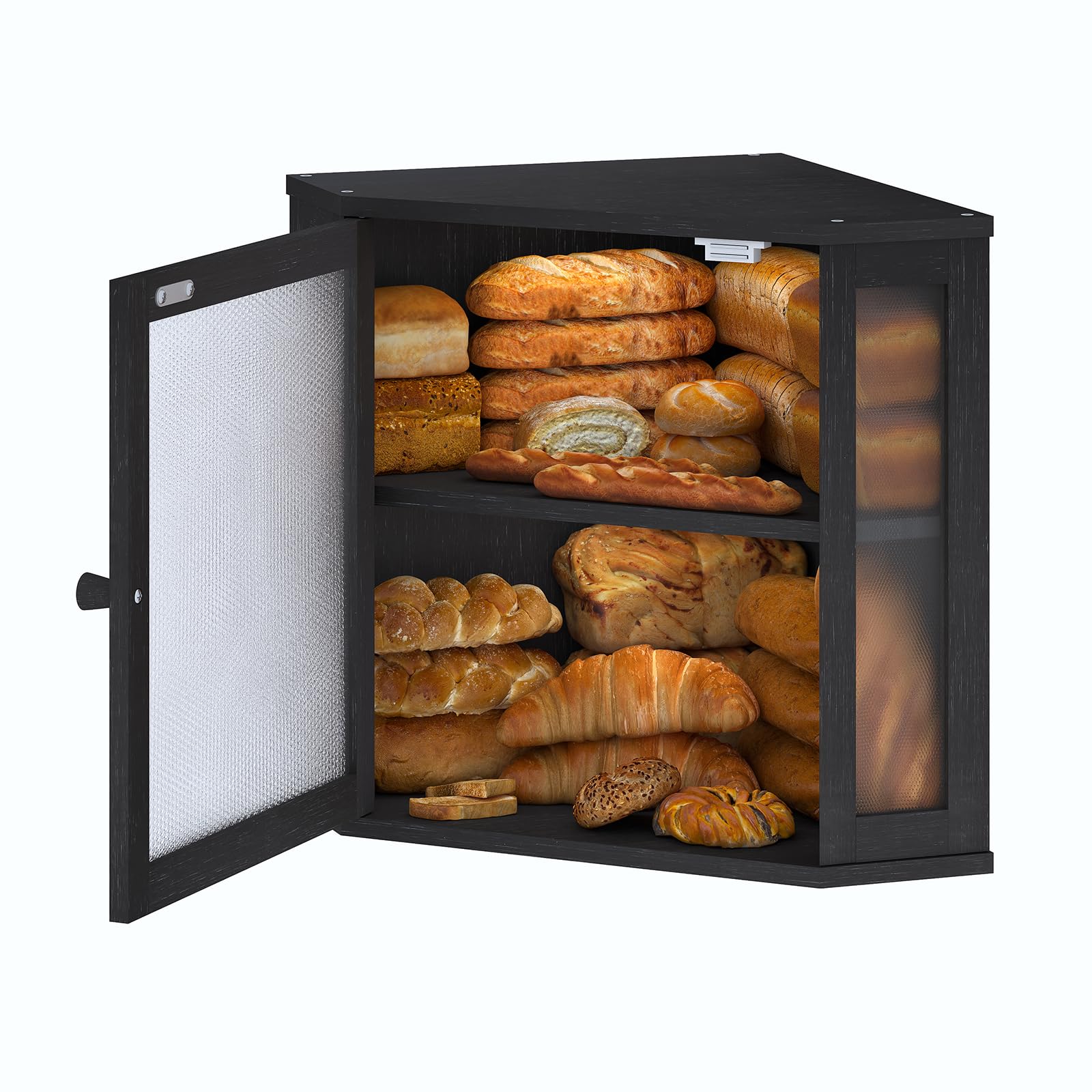 Photo 1 of Furshus Corner Bread Box for Kitchen Countertop,Bread Storage for Homemade Bread, Double Layer Large Bamboo Kitchen Storage Bin with Window (Black, Medium)