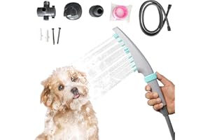 RAINOVO Dog Shower Head, 4 Modes Dog Washing Shower Attachment, Dog Shower Sprayer with 79" Hose & Rubber Soft Brush Pet Bathing & Grooming Supplies for Pets (Light Grey)