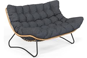 SWITTE Outdoor Papasan Loveseat, Oversized Double Wicker Egg Chair with Thick Cushion, All-Weather Boho Rattan 2-Seater Patio Lounge Chair for Balcony, Backyard, Poolside, Porch - Dark Grey