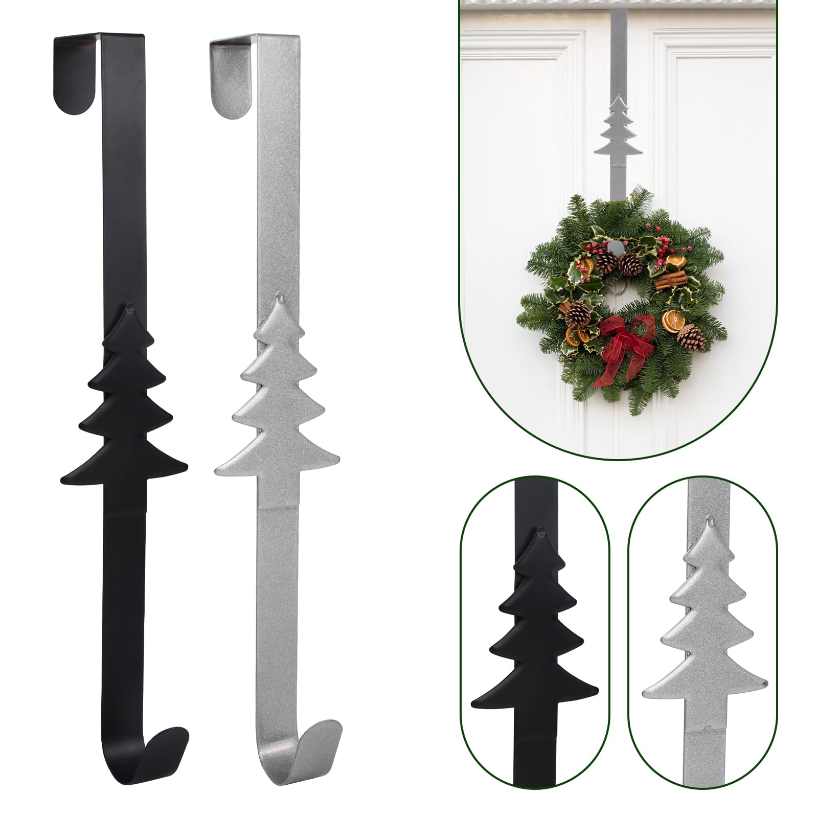 Volumoon 2 Pack Over Door Wreath Hanger for Front Door, Christmas Xmas Hooks, Stainless Steel Coat Hooks Wall Mounted, for Bedroom, Bathroom, Wardrobe