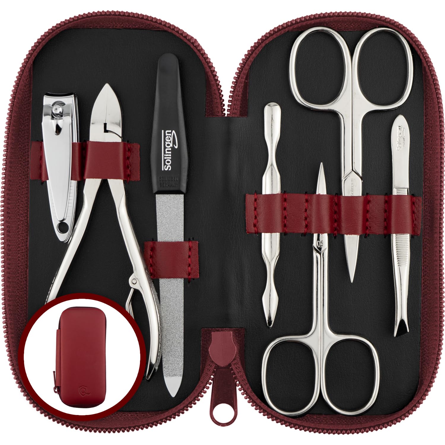 Solingen Manicure Set for Women & Men - 7-Piece Pedicure Kit Made in Germany with Nail Nippers - Elegant and Handy Fashion Leather Case - Ideal as a Gift, for Travelling or Home Use, Red