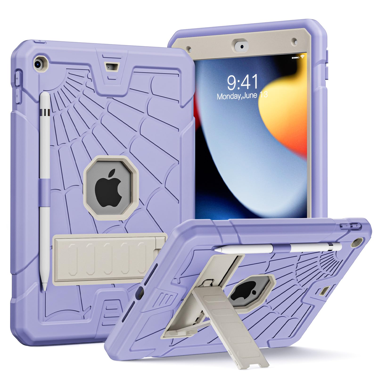 Herize iPad Case 10.2 inch 9th/8th/7th Generation with Pencil Holder | Protective iPad 10.2 Case 2021/2020/2019 for Kids | Heavy Duty Hard Bumper Shockproof Cases Stand for iPad 9/8/7-Purple&White