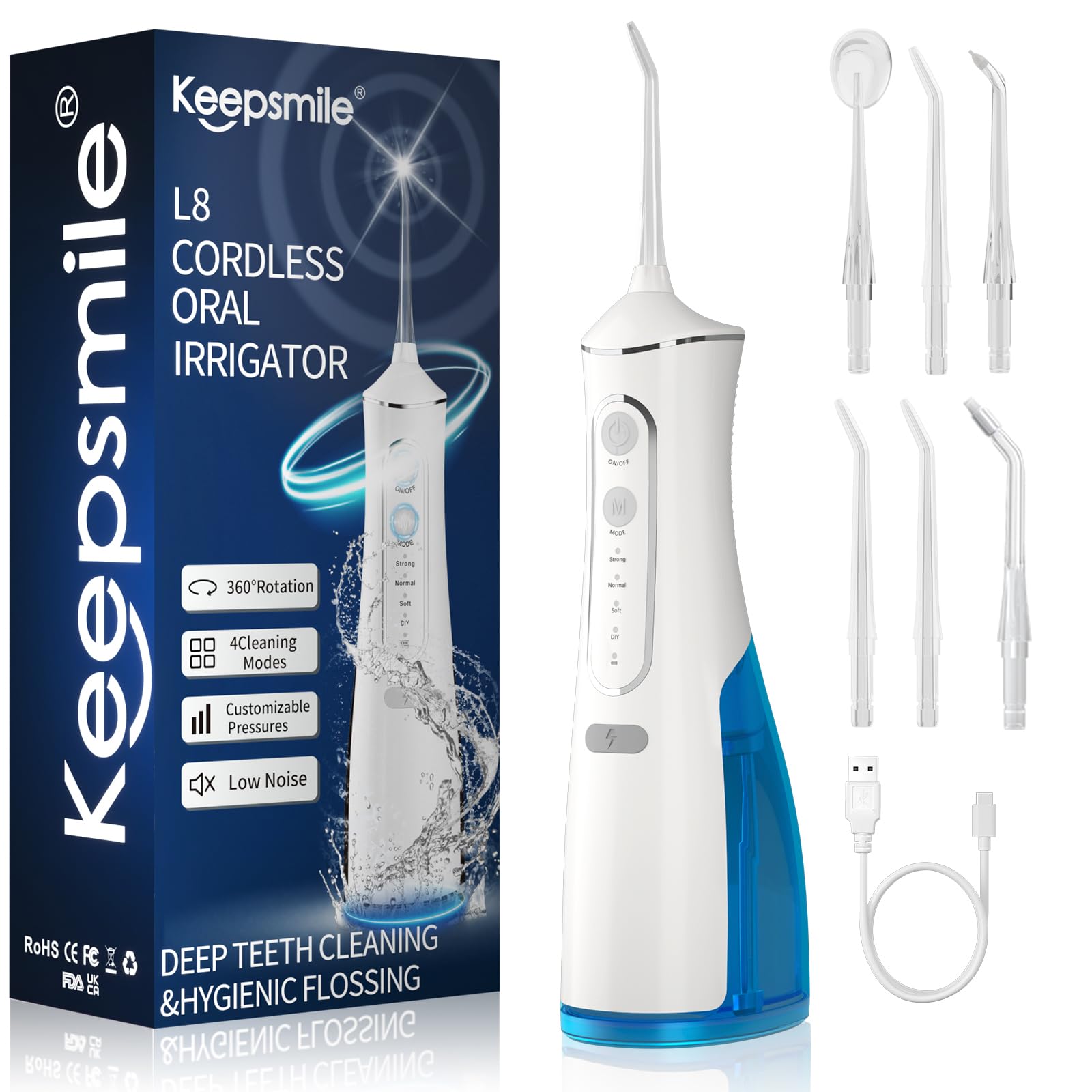 Keepsmile Water Flossers for Teeth Cordless,Portable Oral Irrigator 4 Modes,IPX7 Waterproof,300ML 6 Jet Tips USB Rechargeable Teeth Water Jet Cleaner,Water Dental Flosser at Home/Travel Size:239mm