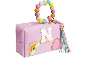 Elilier Initial Preppy Makeup Bag, Personalized Portable Monogram Cosmetic Bag with Keychain Bracelet, Cute Makeup Pouch, PU Leather Waterproof Toiletry Bag, Preppy Stuff Gift for Girl, School, Pink