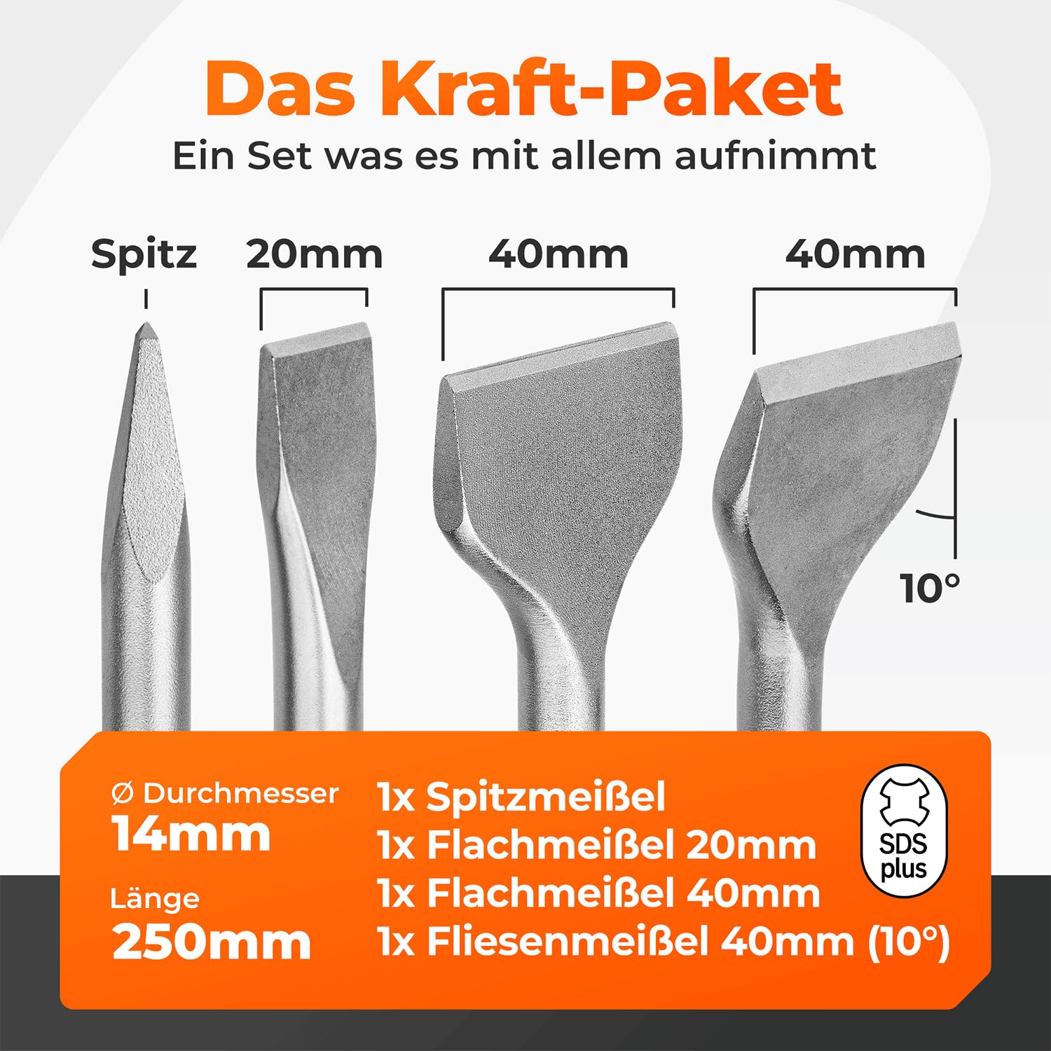 BAUBECK Meißel Set für Beton & Mauerwerk - SDS Plus - LONG LIFE [4tlg] - 250mm lang, angewinkelt und gerade - SDS Plus Meißel Set 2
