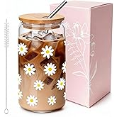 JOYMIA Glass Cups with Lids and Straws — 16oz Cute Daisy Glass Tumbler with Straw and Lid — Perfect for Home & Office, Gifts for Her (Birthday, Valentine’s, Mother’s Day, Christmas)