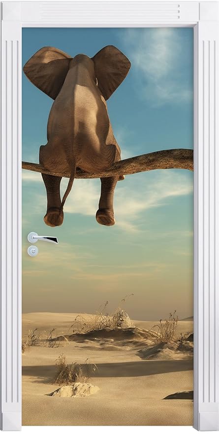 Stil.Zeit Möbel sitzender Elefant auf Einem AST in der Wüste als Türtapete, Format: 200x90cm, Türbild, Türaufkleber, Tür Deko