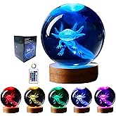 axolotl lamp,3.15 inch 3D K9 Crystal Ball Axolotl Night Light with Wooden Base,16 colors change,remote control,color box,Birthday Christmas axolotl Gift