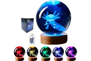 CONALISK axolotl lamp,3.15 inch 3D K9 Crystal Ball Axolotl Night Light with Wooden Base,16 colors change,remote control,color box,Birthday Christmas axolotl Gift