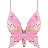 Monanoat Women’s Sexy Butterfly Shape Sequin Crop Top Bandage Lace up Tank Top Belly Dance Top Costume Outfits