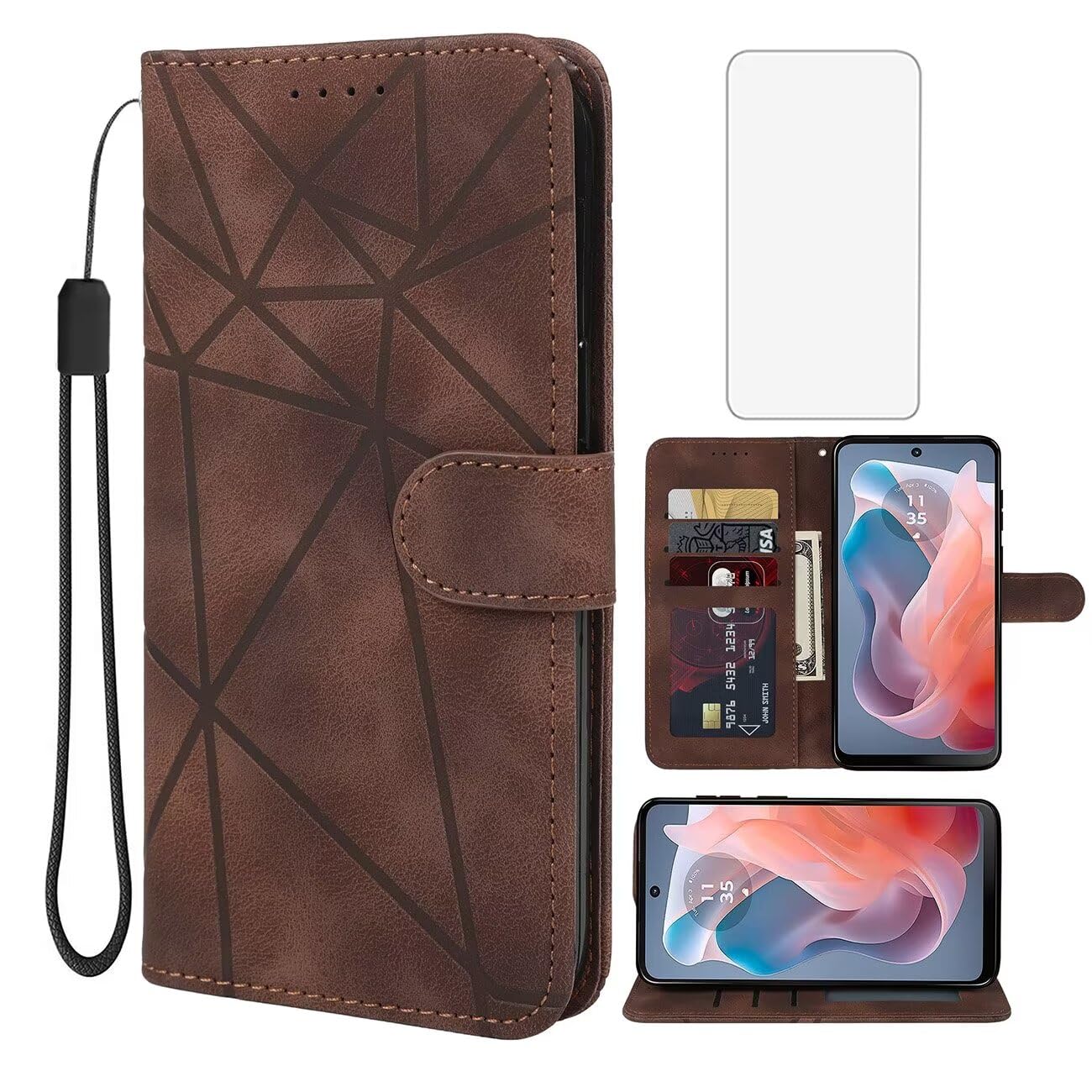 Wanyuexes Case for Moto G Play 2024 4G Case,Moto G Play Gen 3 Wallet Case with Tempered Glass Screen Protector, Leather Flip Credit Card Holder Stand Phone Cover for Motorola Moto G Play 2024 4G Brown