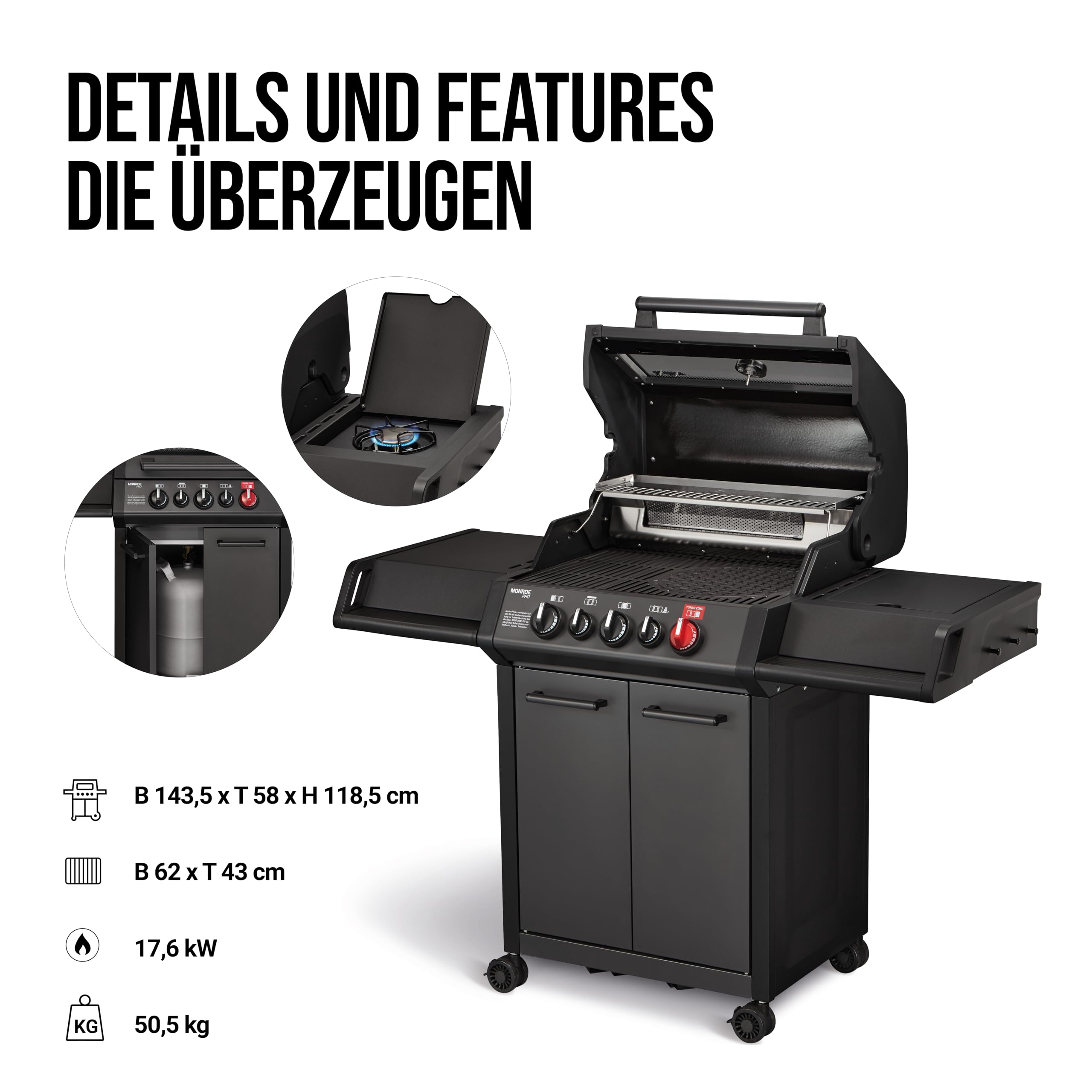 Enders® Gasgrill MONROE PRO 3 SIK TURBO SHADOW, 3-Brenner, Infrarot-Backburner, Seitenkocher, PanoVision Sicht, SWITCH GRID™ mit Sear Grate, HEAT RANGE™, 800 °C TURBO ZONE™, SIMPLE CLEAN™ #8381 5