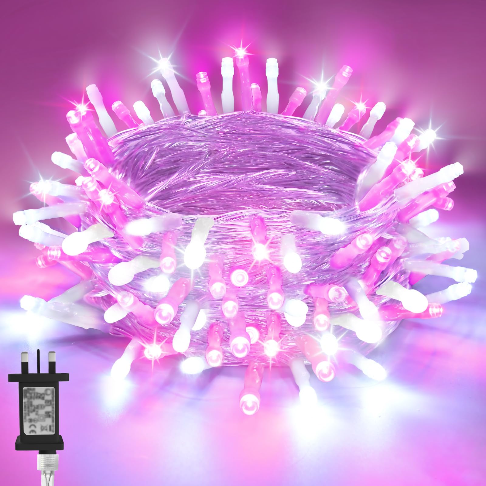 Gcstnn Christmas Tree Lights, 20M 200 LEDs Xmas Tree Fairy Lights Plug in with 8 Light Modes,Memory & Timing Function & Waterproof for 1-3M(3-10ft) Christmas Tree, Bedroom Decorations(Pink + White)