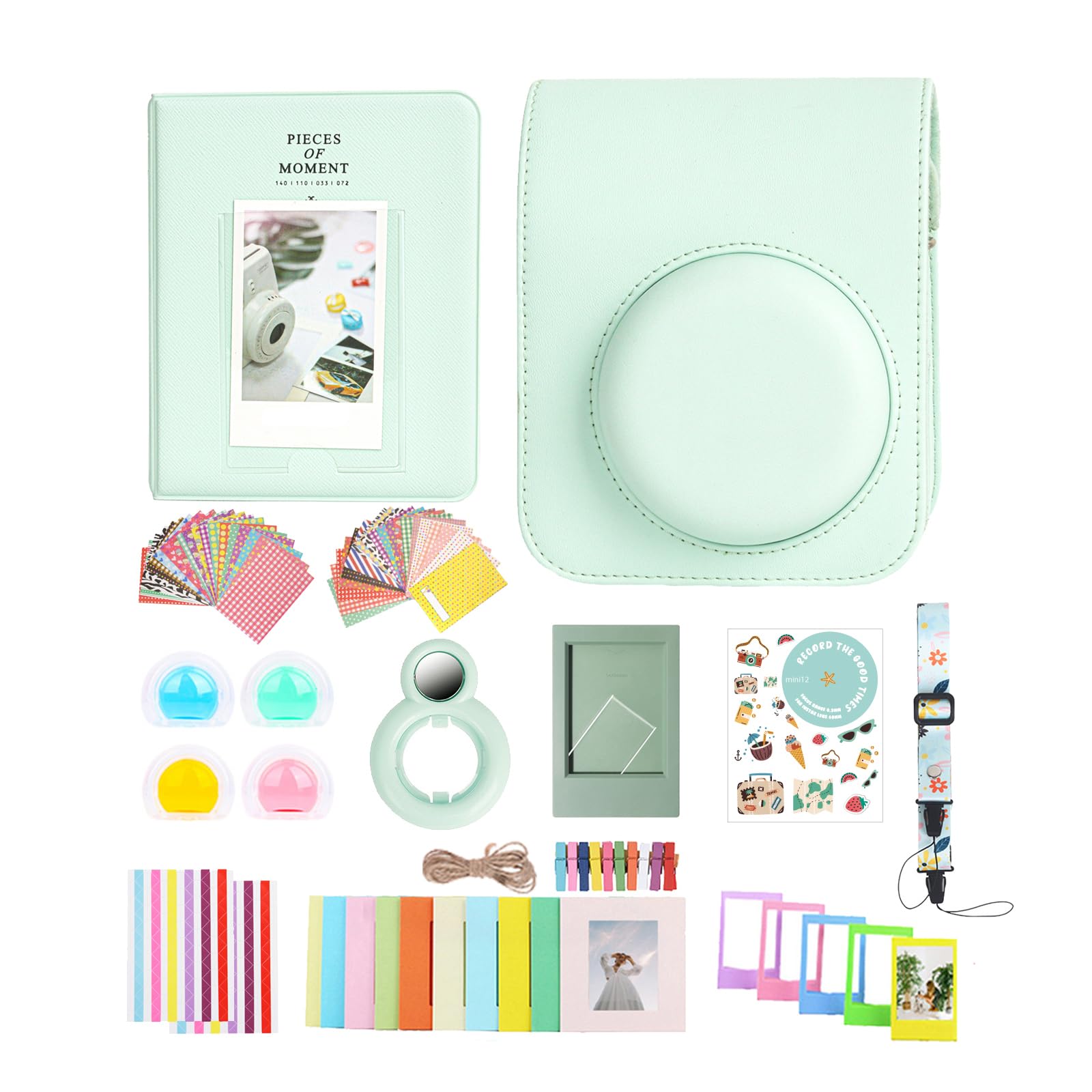 12 in 1 Accessories Kit for Fujifilm Instax Mini 12 Instant Camera With Camera Case+Photo Album & Frames+DIY Sticker+Selfie Lens+Wall Hanging Frame+Colored Filter (Mint Green)