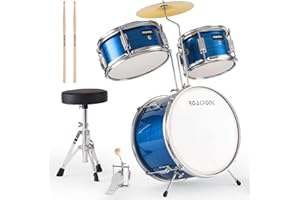 ROAKFONK 3 Piece Kids Drum Set with Throne, Beginner Junior Drum Sets with 14'' Bass Drum, Snare, Tom, Cymbal, Pedal, Drumsticks, Adjustable Seat, Drumset for kids Ages 3-10 years old (Blue)