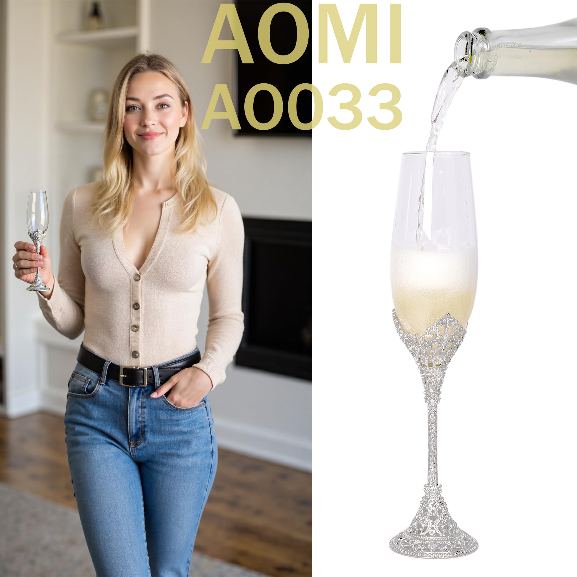 Wedding Champagne Flutes Toasting Glasses, Silver 7oz Toasting Flute Pair Crystal Metal Base with Sparkling Crystals for Wedding Anniversary Party Birthday Banquet and Gift for Bride Groom Giftboxed