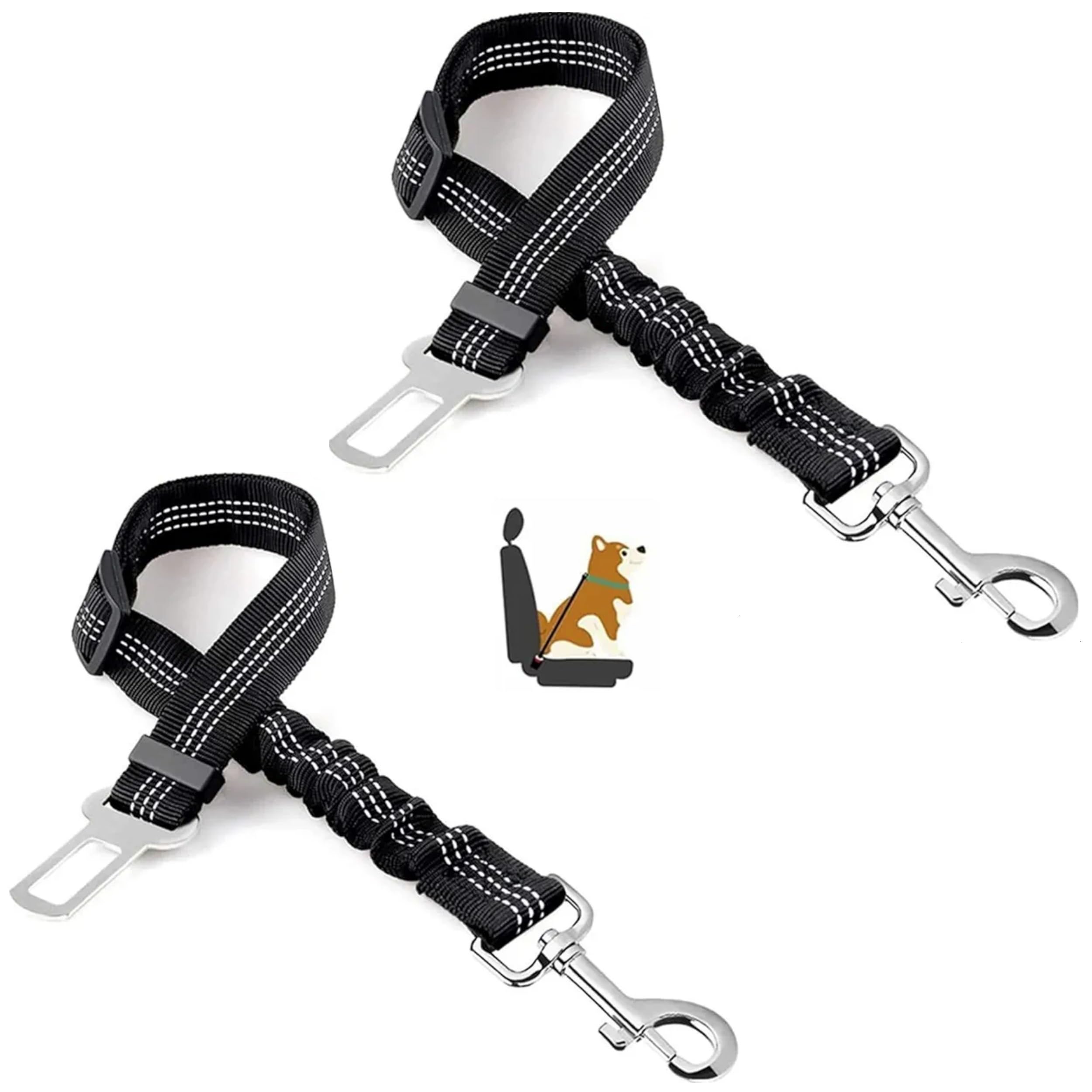 Dog Seat Belt for Cars Adjustable Elastic Bungee Buffer| Strong Durable Dog Car Harness - Dog Seat Belt 360 Degree Swivel Tangle Free - Reflective, Easy to Use (2 PACK-BLACK & BLACK)