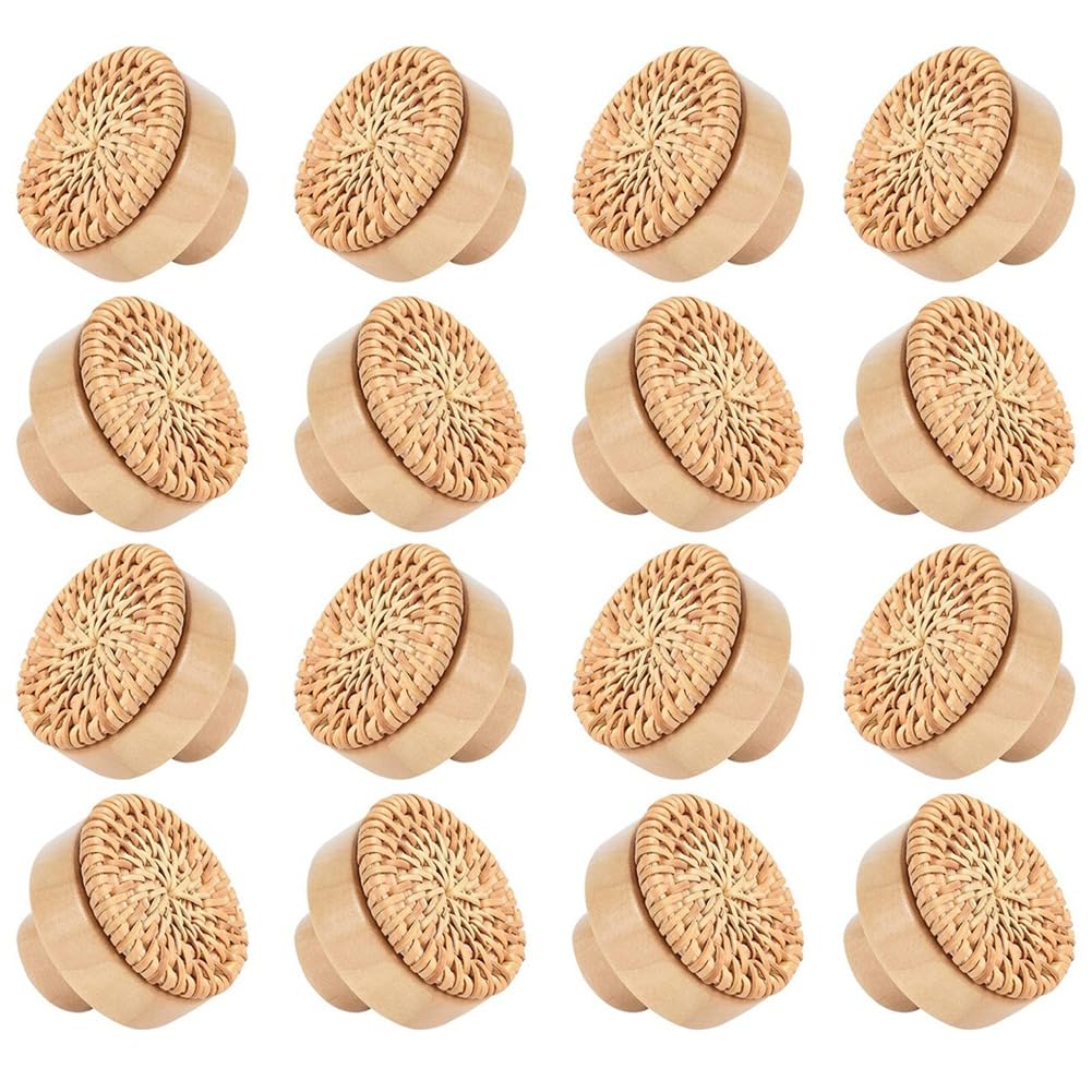 Stroagymoon 16Pack Boho Rattan Dresser Knobs, Round Wood Cabinet Knobs, Handmade Wicker Woven Pulls, Easy Install, 40mm