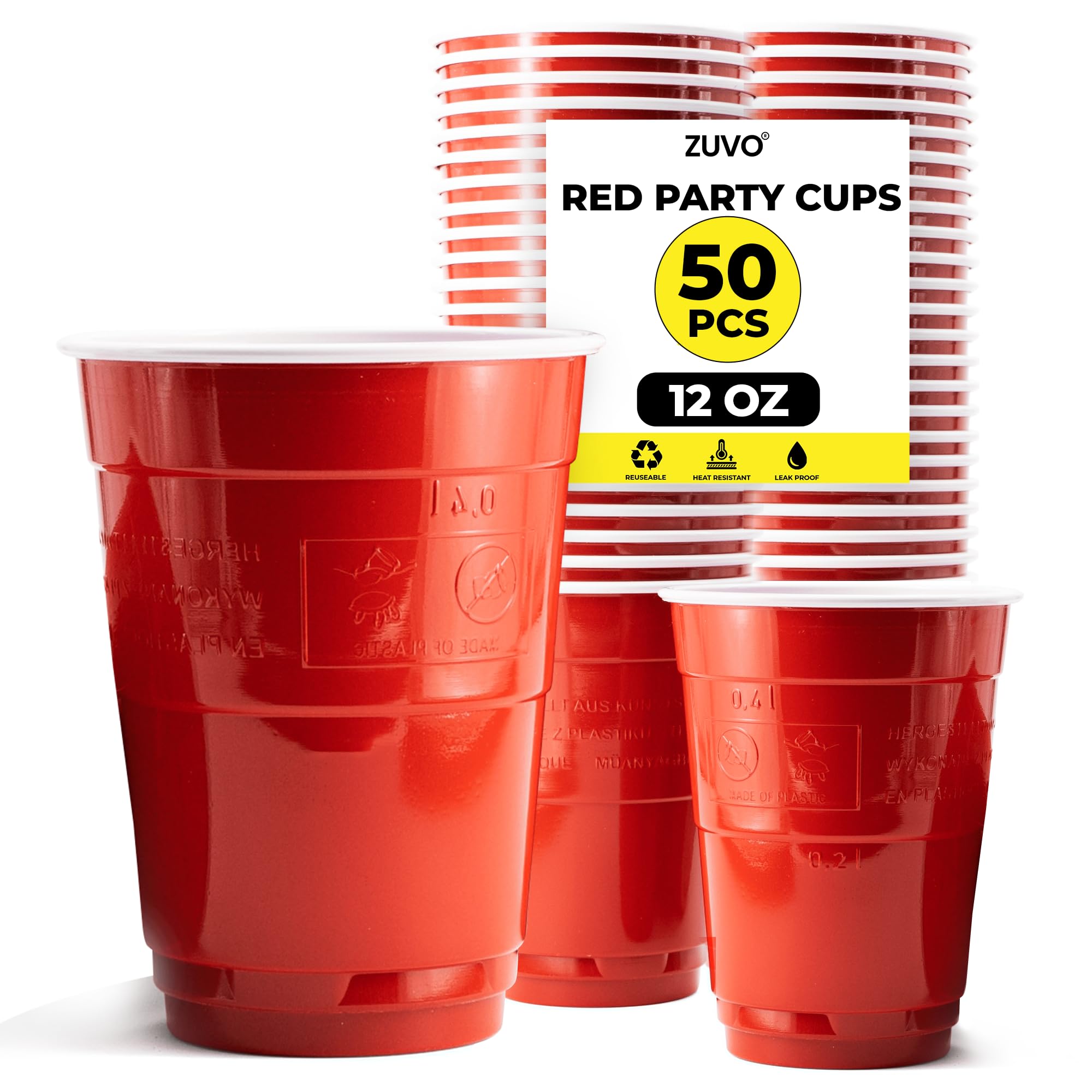 Zuvo Red Plastic Party Cups 12 Oz – Pack of 50 Durable, Stackable Disposable Cups for Events & Gatherings