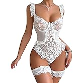 Aranmei Women Sexy Lingerie Bodysuit Floral Lace Teddy Babydoll Snap Crotch Ruffle One Piece with Thigh Bands