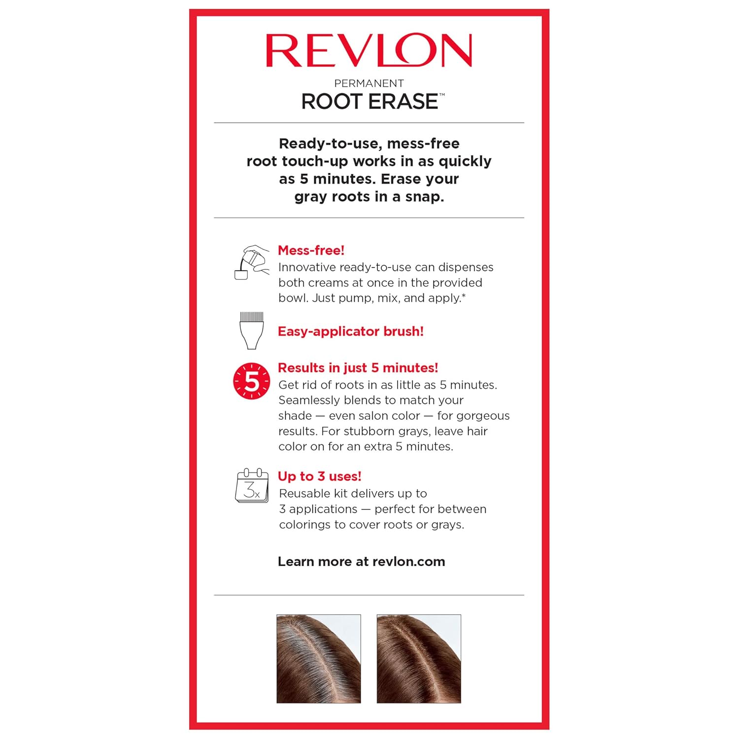 Revlon Root Erase Permanent Hair Color, At-Home Root Touchup Hair Dye with Applicator Brush for Multiple Use, 100% Gray Coverage, Dark Brown (4), 3.2 oz: Beauty