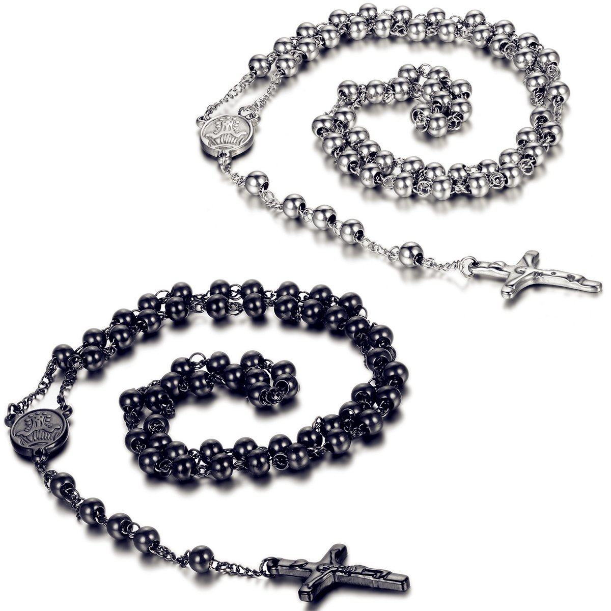 Flongo Men's Women's Vintage 2PCS Silver Black Stainless Steel 6MM Beads Gold Jesus Christ Crucifix Cross Rosary Pendant Necklaces, 30 inches Chain
