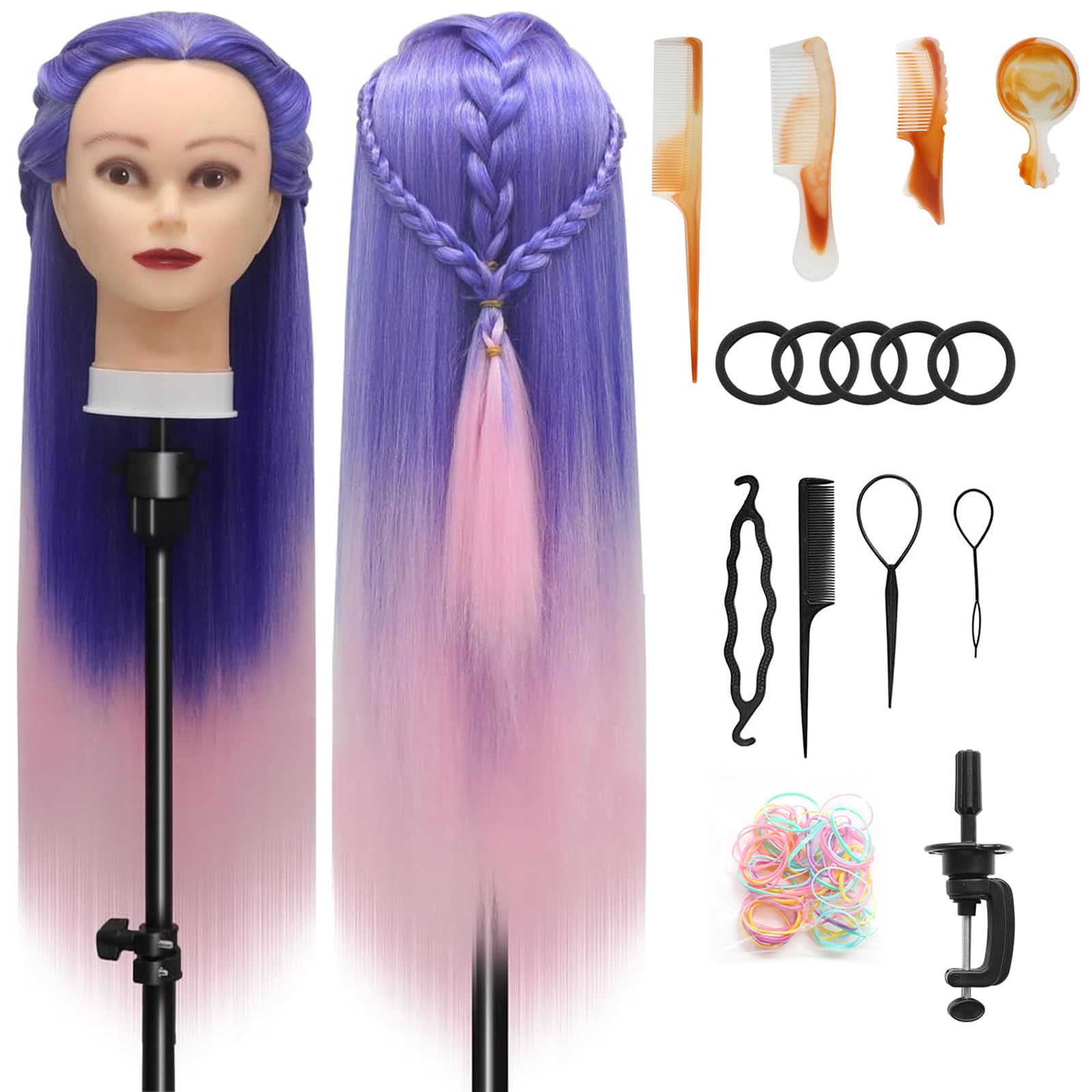 Training Head, 28 inch Styling Head 100% Synthetic Fibres Hairdressing Head Hairdresser Training Heads with Free Clamp and DIY Braiding Set (Blue powder)