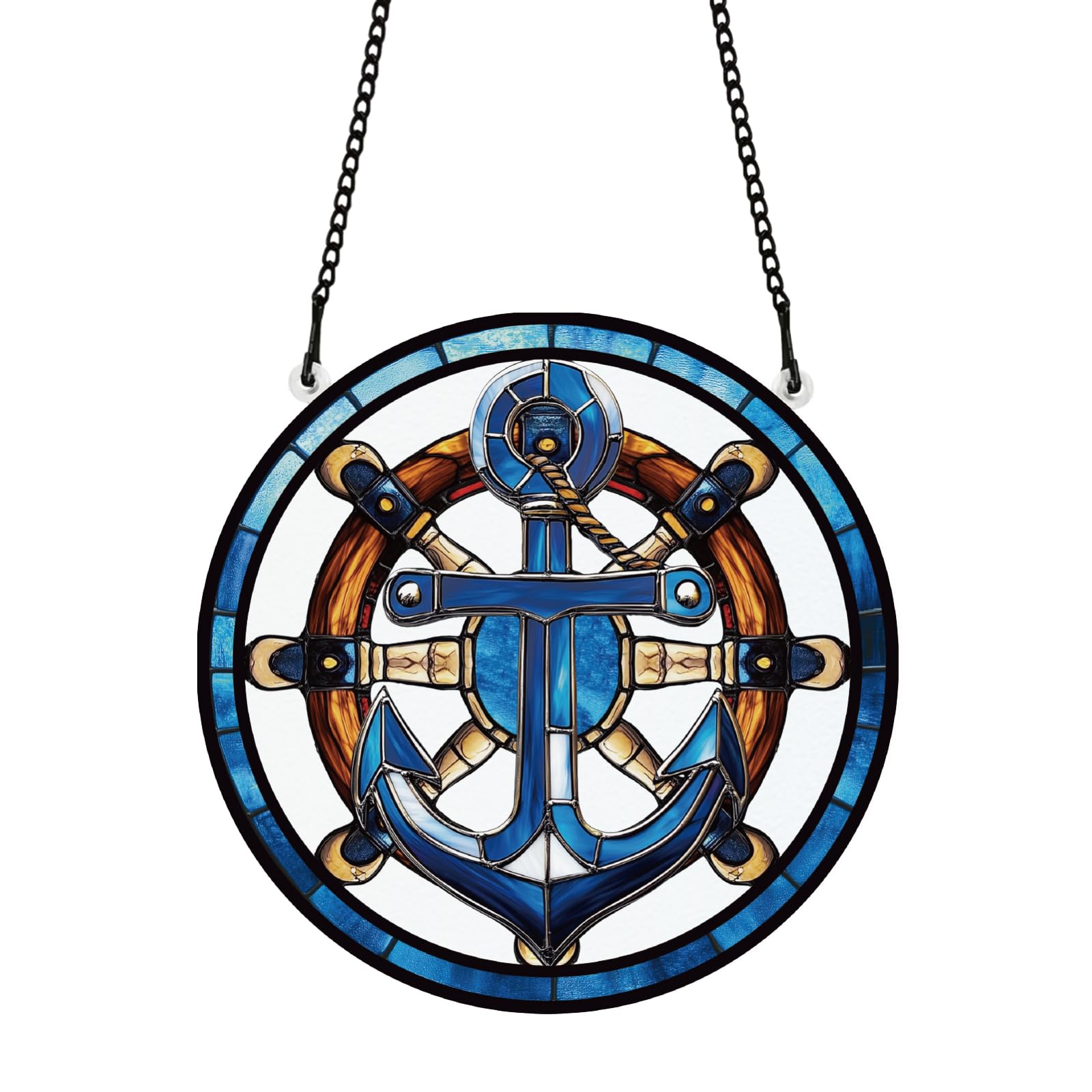 PLIGREAT Painted Rudder Anchor Stained Suncatcher Window Wall Art Hanging Ornament Blue Acrylic Light Catcher Art Crafts for for Garden Bedroom Home Indoor Outdoor Hanging Decor Women Men Gift