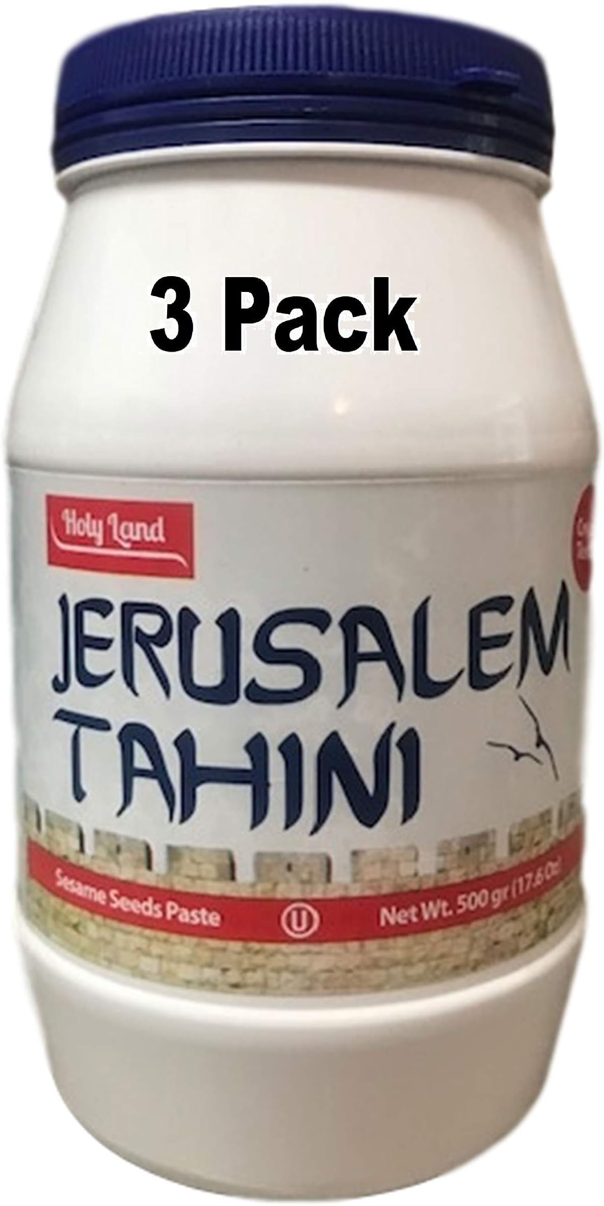 3PACK JERUSALEM Tahini Paste (3X17.6 oz). 100% Natural, Vegan Friendly & Kosher Pure Ground Tahina Sauce. Raw Roasted Sesame Seeds for Oriental Dips, Salad Dressings & Hummus